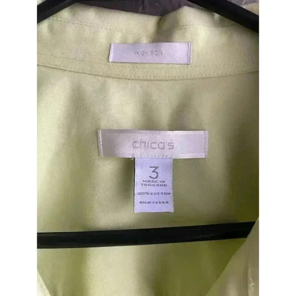 Chicos Womens Shirt 3 Yellow Green Rolled Sleeve Cotton Button Up Collared - Picture 5 of 7